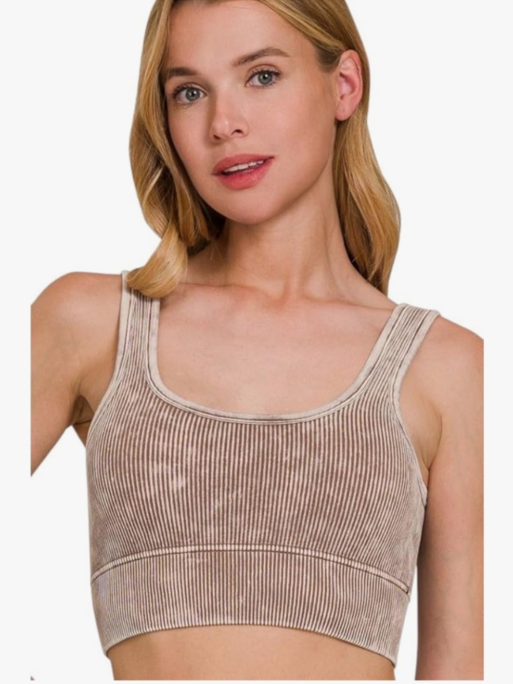 Zenana Maddie Washed Ribbed Square Neck Crop Top Bralette w/ Bra Pads Mocha S/M